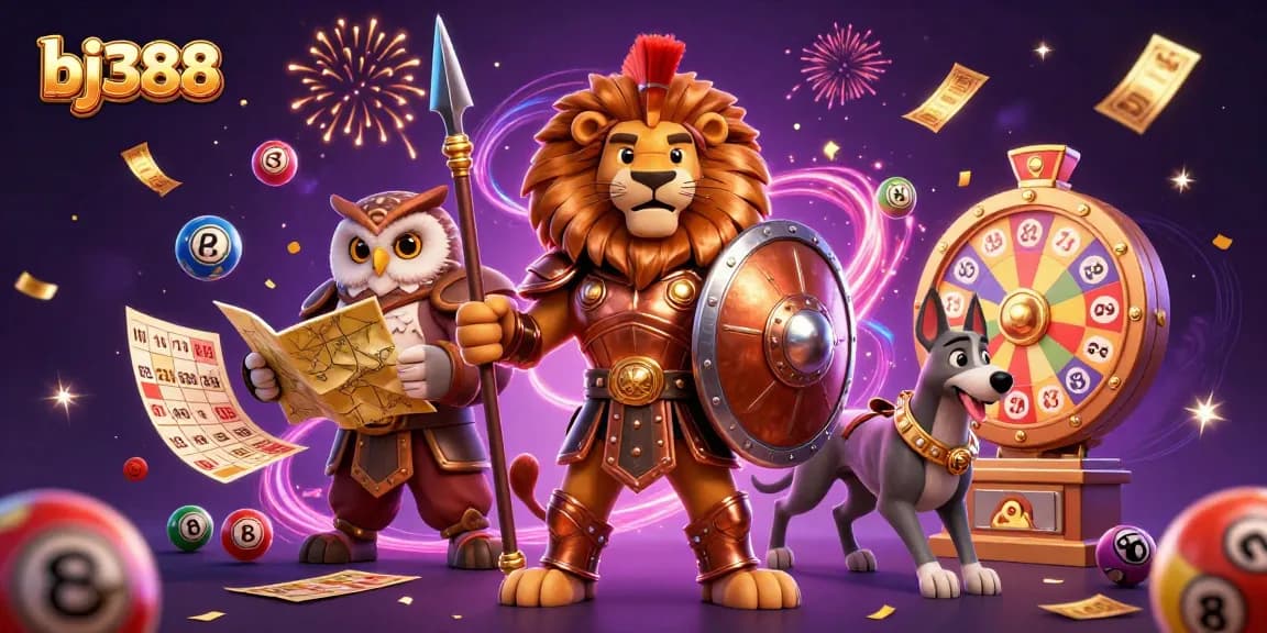Bet on exciting games at bj388 with a vibrant 3D casino-themed illustration filled with action.