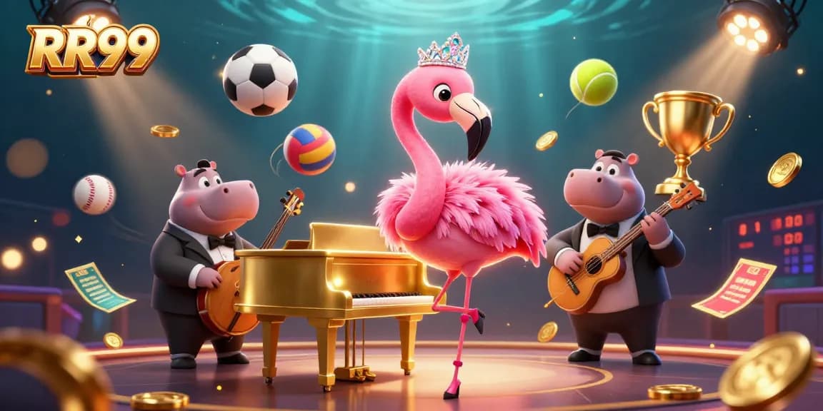 Join the fun at RR99 as flamingos and hippos enchant with gambling flair amid coins and sports balls.