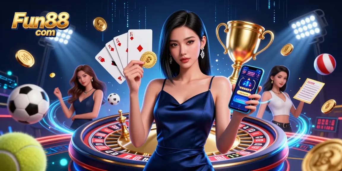 Experience the thrill of Fun88 com with an Asian woman showcasing a casino app amidst vibrant betting graphics.