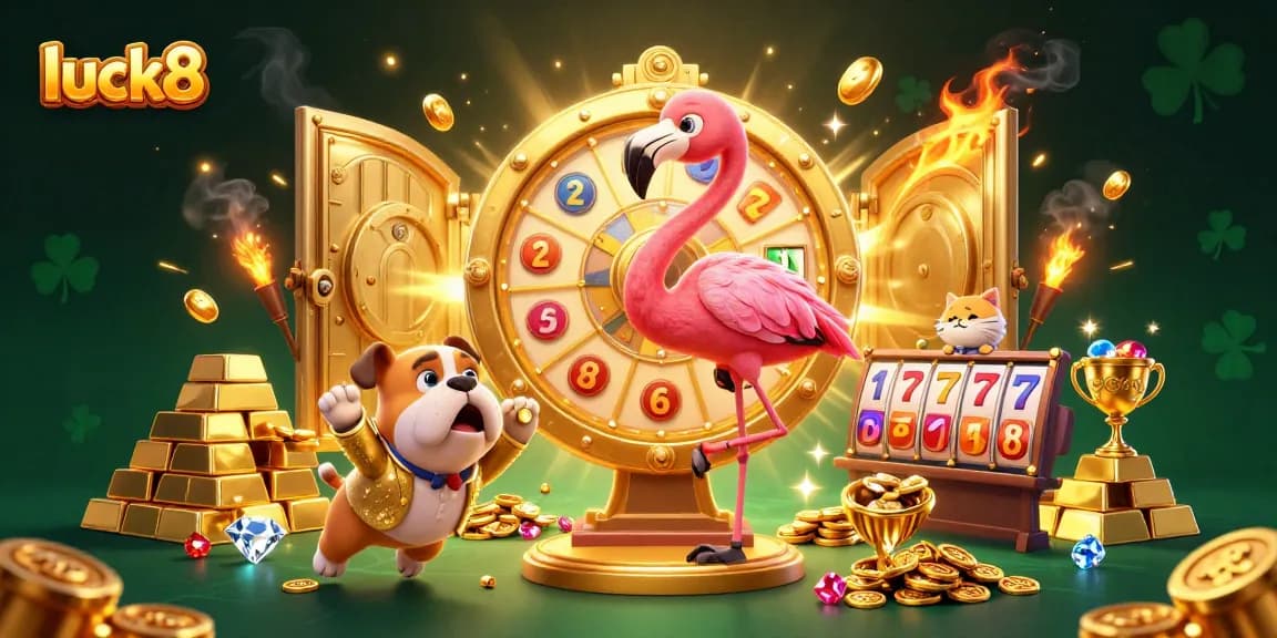 Experience excitement with luck8 as a flamingo host spins the prize wheel amidst dazzling treasures.