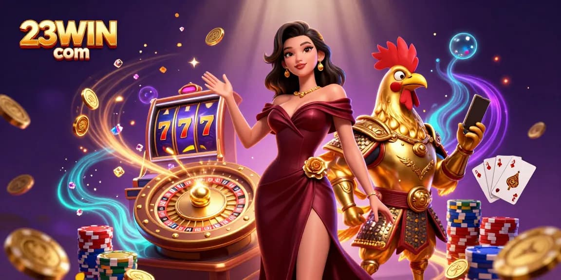 Experience thrilling wins at 23WIN com with a vibrant 3D casino illustration featuring glamorous characters.