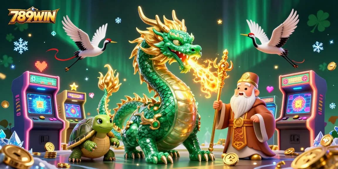 Engage with the exciting world of 789WIN as a jade dragon unleashes its golden fire in a vibrant gambling scene.