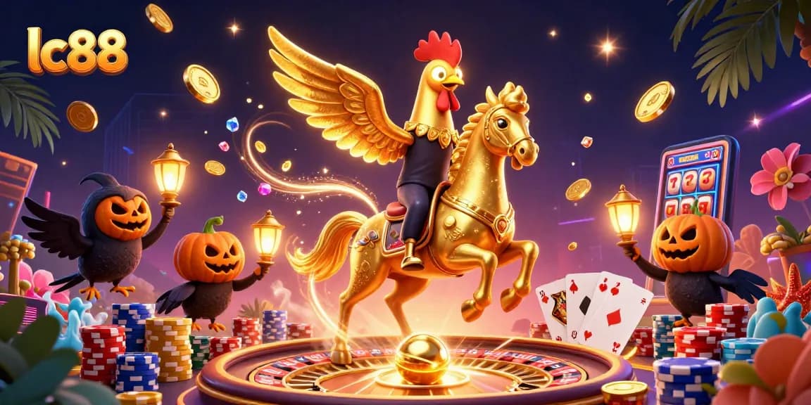 Play casino games and win with lc88 in a vibrant, dynamic 3D illustration featuring golden rooster characters.
