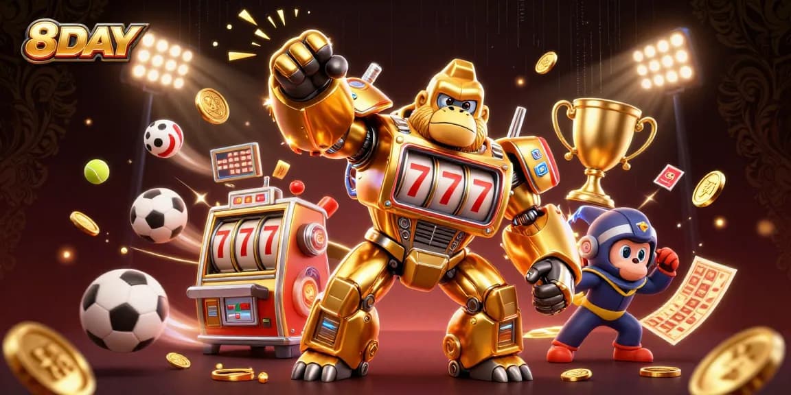 Experience thrilling gaming at 8DAY with a golden gorilla mech and explosive casino excitement!