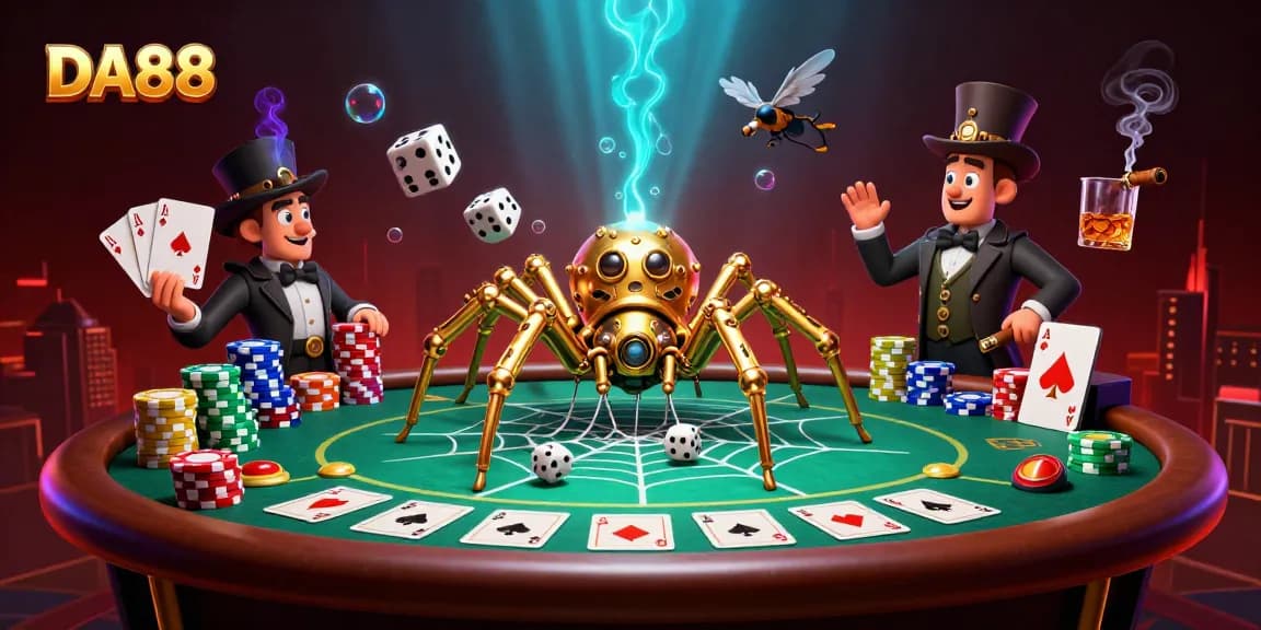 Engage with DA88, where a steampunk spider traps dice in its web amidst vibrant poker elements.