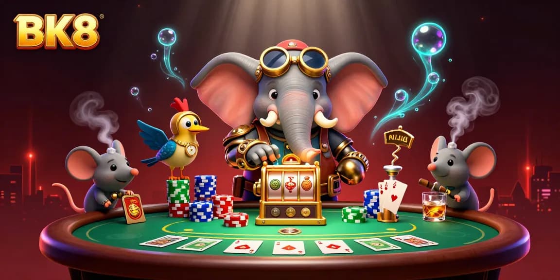 Engage with BK8 slots as a steampunk elephant engineer spins the golden machine with vibrant card elements.