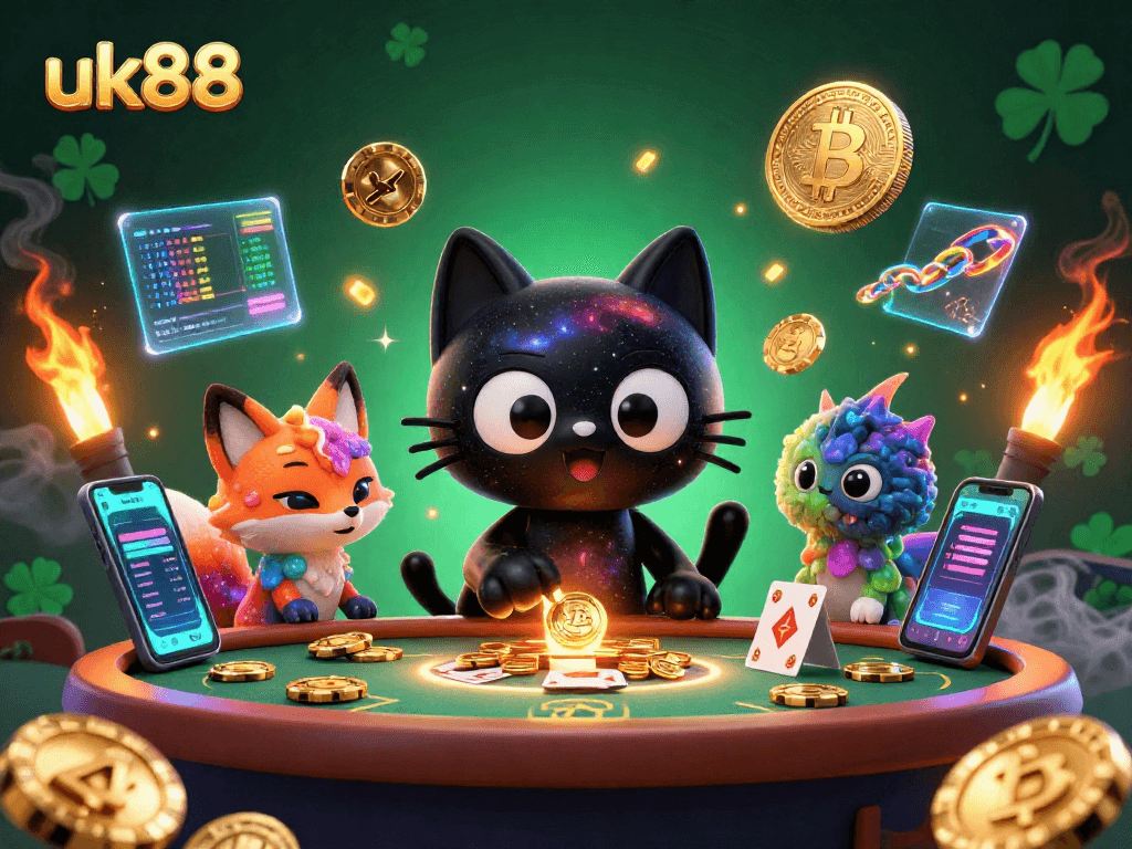 Engage in exciting games at uk88 with a cosmic cat and colorful fox in a vibrant casino atmosphere.