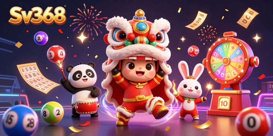 Engage with Sv368 through a vibrant celebration of online gaming featuring dancing characters and dynamic lottery elements.