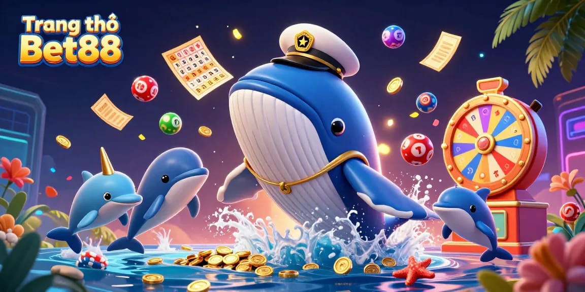 Engage with Trang chủ Bet88's gaming excitement through a vibrant 3D illustration showcasing playful characters and dynamic casino elements.