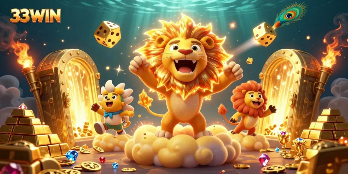 Bet on thrilling jackpots with 33WIN’s vibrant 3D casino scene featuring golden treasures.