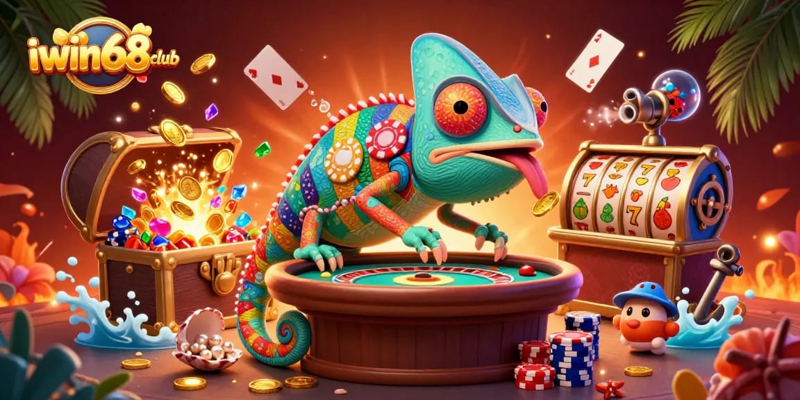 Engage with the vibrant world of iwin68club, featuring a chameleon casino owner amidst dynamic slot game elements.
