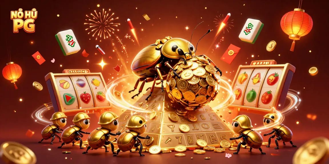 NỔ HŨ PG game showcases a golden beetle rolling a jackpot coin ball in a vibrant 3D casino scene.