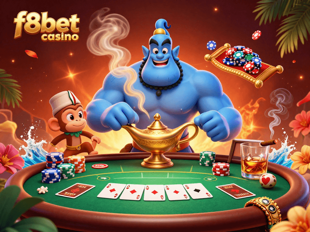 Experience thrilling gaming at f8bet casino with our vibrant poker scene featuring a genie and monkey.