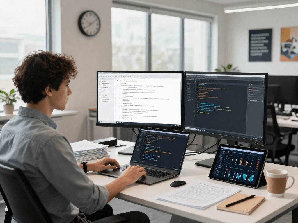 Data analyst examining document fraud detection software in a modern workspace.