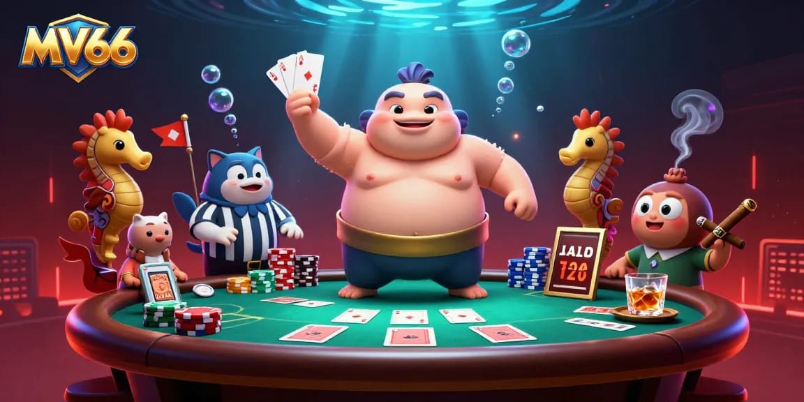 Engage with MV66 in an underwater poker scene showcasing vibrant casino action and thrilling gameplay.