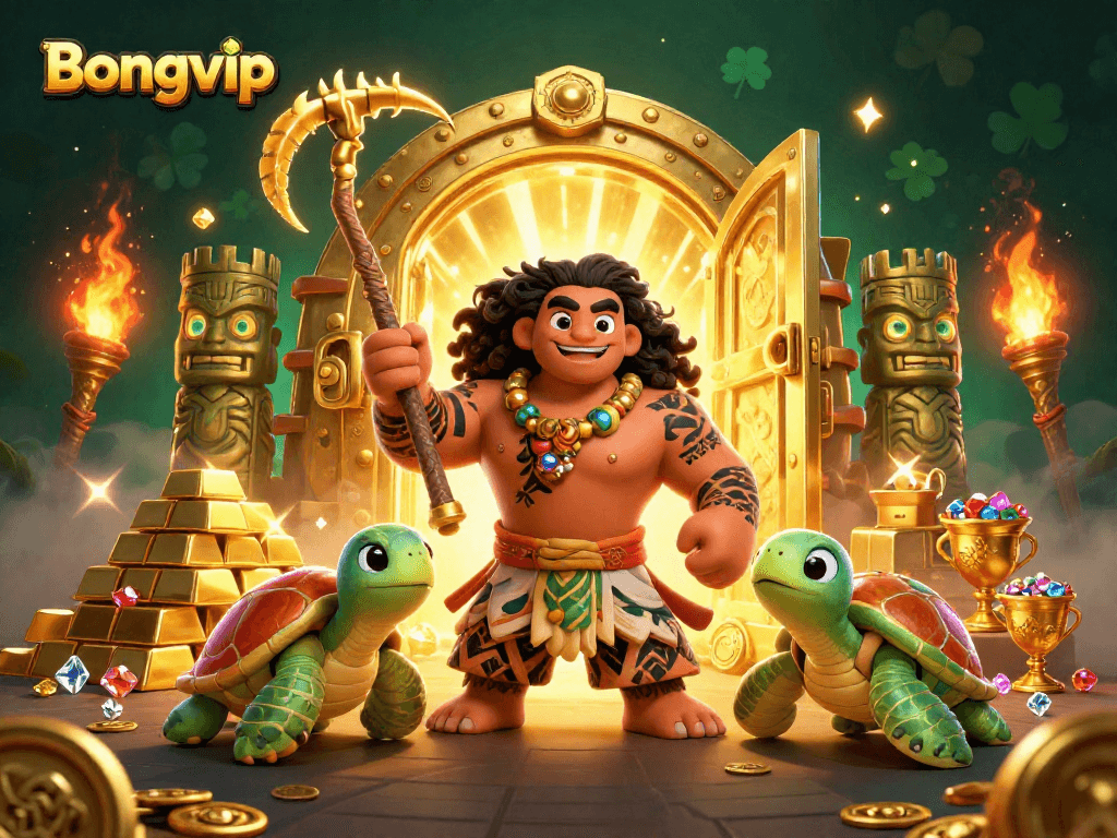 Experience the thrill of Bongvip as the Maui demigod and turtle explore a treasure-filled casino scene.