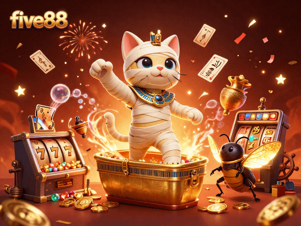 five88 offers vibrant adventures with a 3D Egyptian mummy cat amidst casino treasures and excitement.