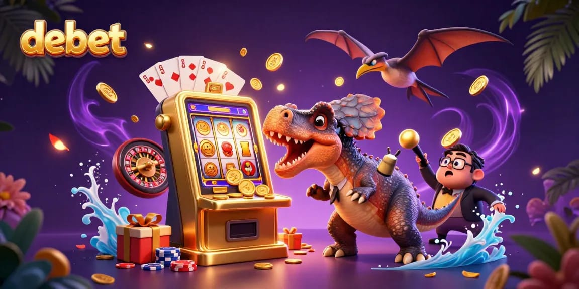 debet slots scene with 3D dinosaurs and golden coins celebrating a jackpot win