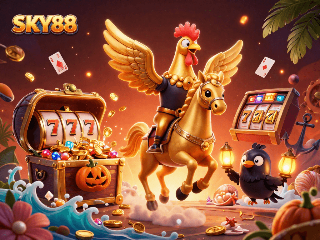 Experience thrilling gameplay at SKY88 with a golden rooster and friends lighting up a midnight casino.