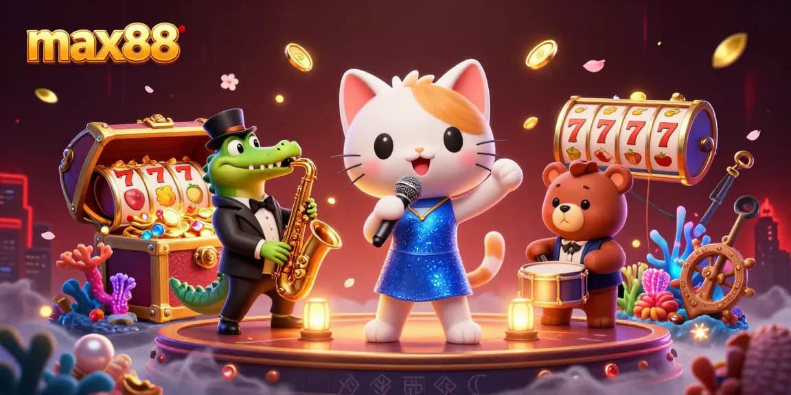 Engage in exciting gameplay at max88 with a vibrant casino scene featuring jazz characters and slot games.