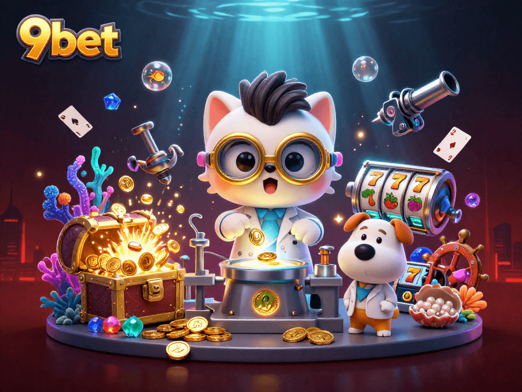 Experience thrilling wins with 9bet in a vibrant, gold-filled casino adventure scene.