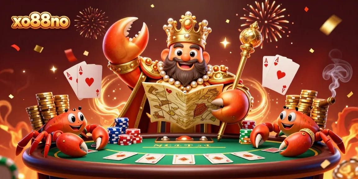 Engage in exciting moments at xo88no with a vibrant 3D illustration of a golden crab emperor ruling the casino.