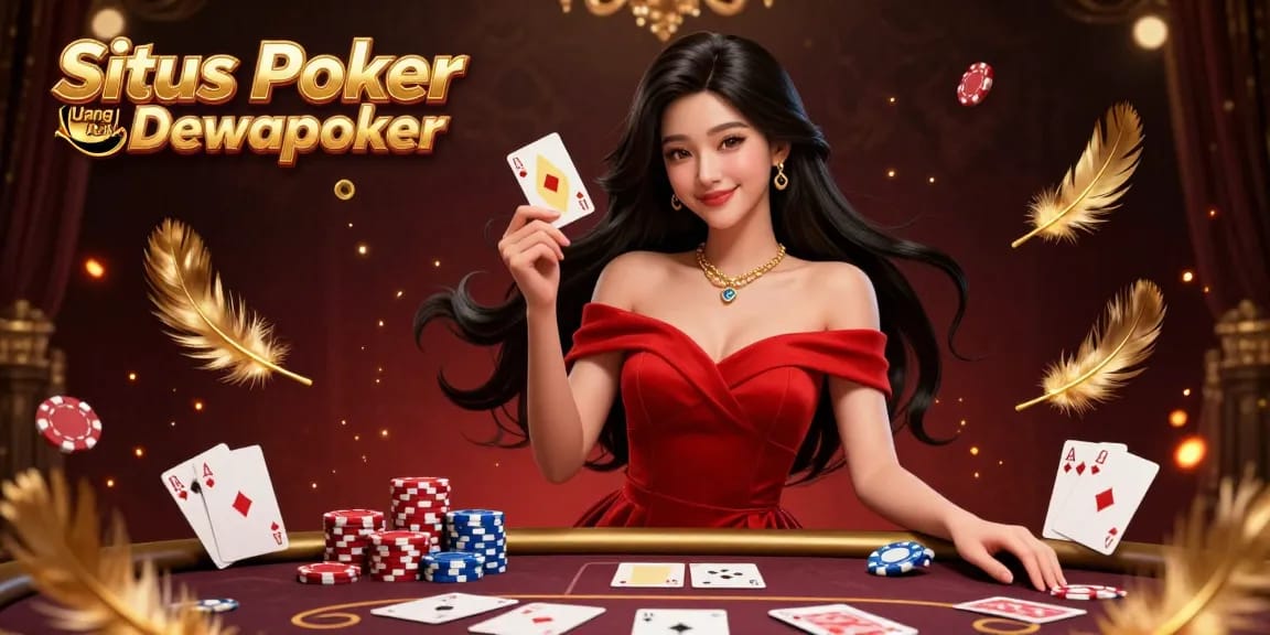 Situs Poker Uang Asli Dewapoker showcases an elegant woman at a poker table surrounded by chips and cards.