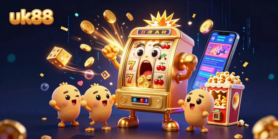 Experience the excitement of wins with uk88's vibrant 3D jackpot scene featuring cheering slot machines and golden coins.