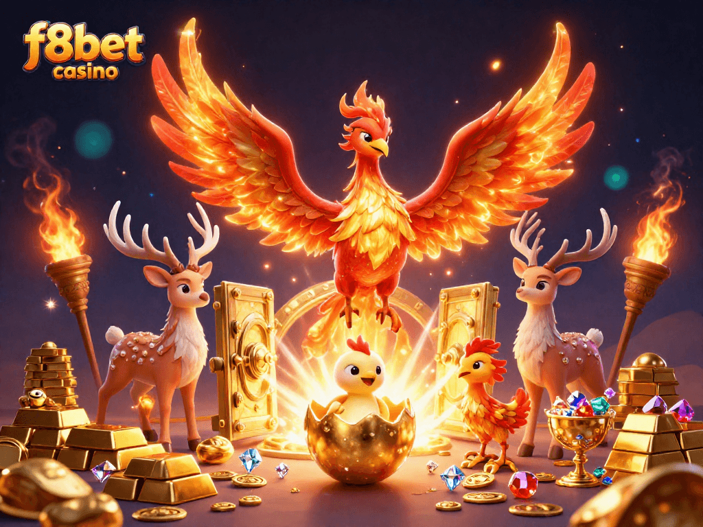 Experience the thrill of f8bet casino with dynamic gaming elements and mythical characters in this vivid illustration.