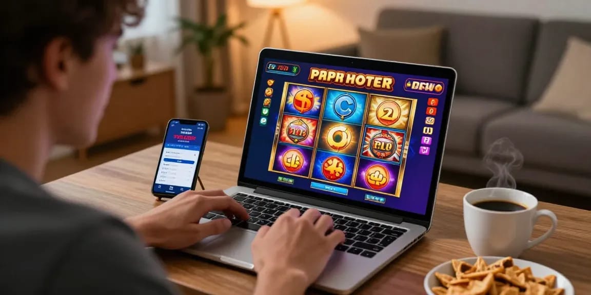 Enjoying online gaming at home with depo pulsa 10k tanpa potongan options, vibrant slot graphics, and an inviting atmosphere.