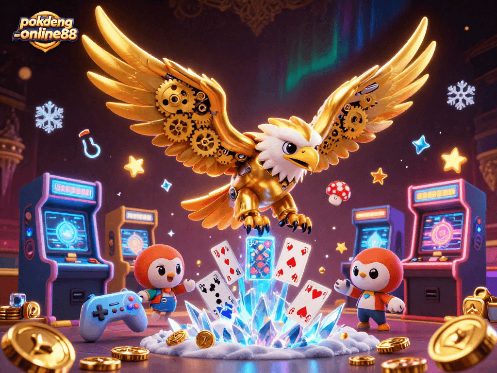 Experience thrilling gameplay with pokdeng-online88, featuring an eagle amidst holographic cards and arcade elements.