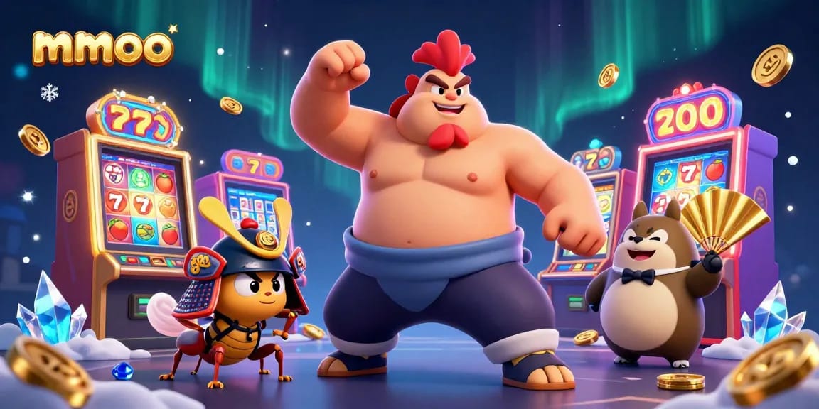 mmoo slots and gaming scene featuring a sumo rooster, samurai cricket, and announcer.
