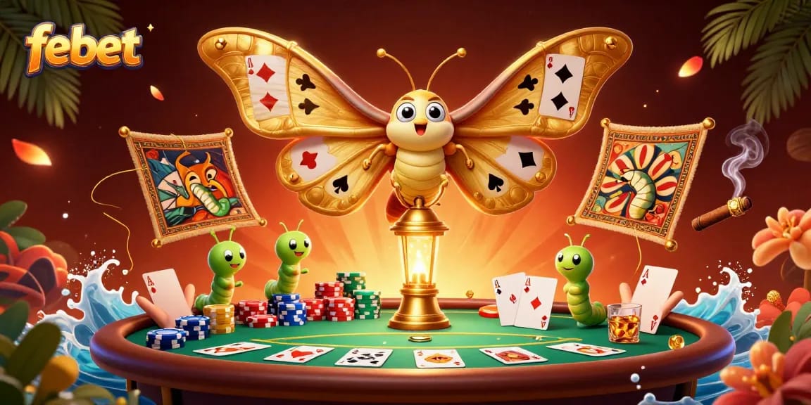 Bet on febet with an enchanting scene of fortune featuring a vibrant casino moth and poker elements.