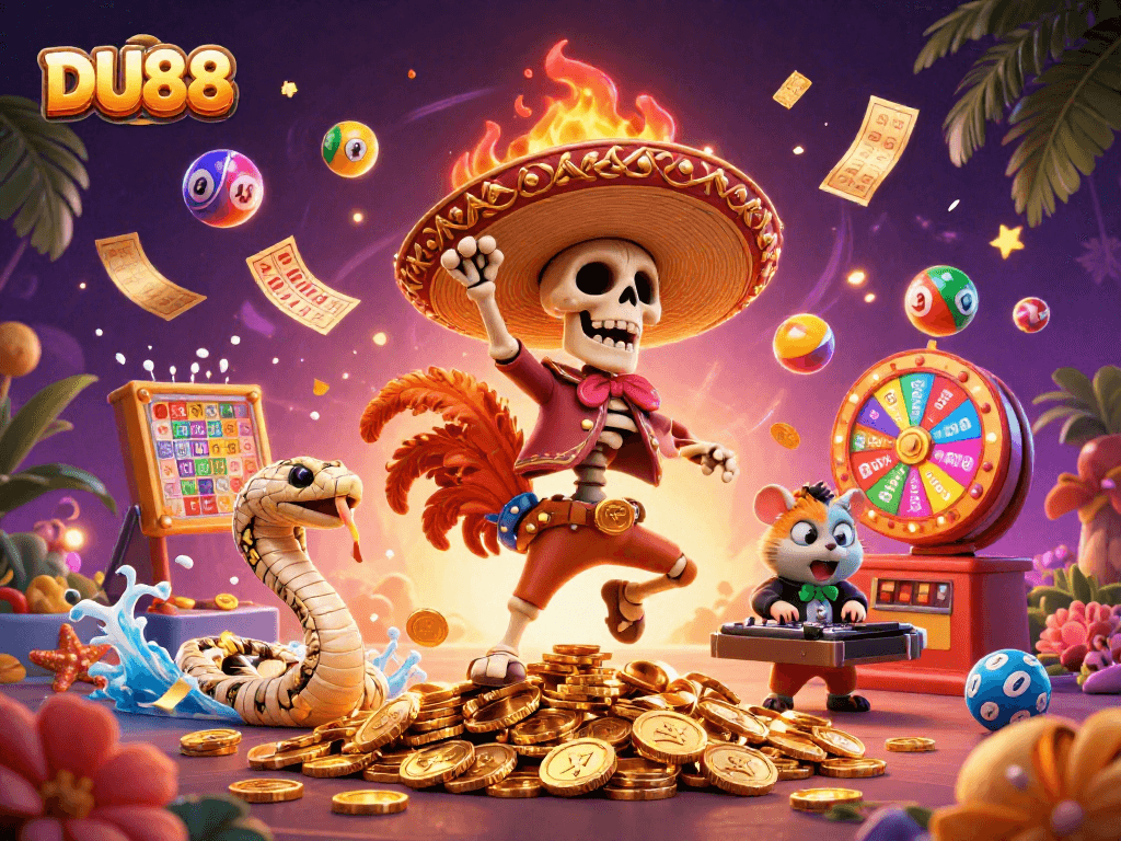 DU88 offers an exciting scene with a skeleton rooster, mummy snake, and DJ hamster celebrating lottery wins!