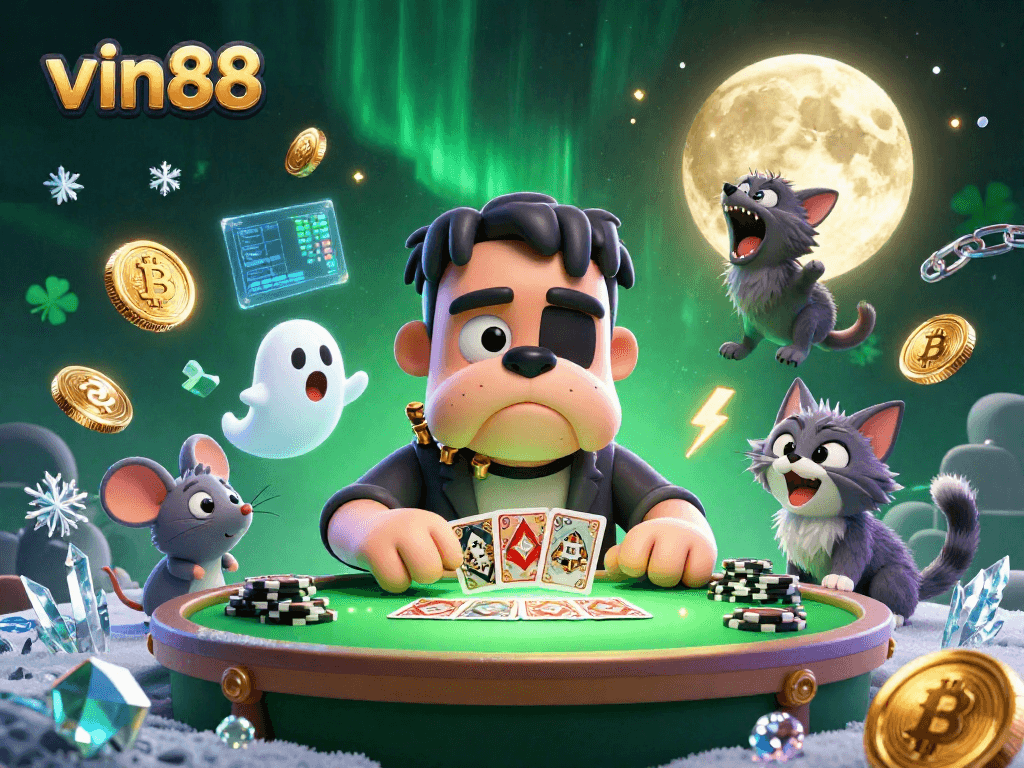 Play cards with vin88's thrilling 3D cartoon characters, showcasing vibrant casino action.