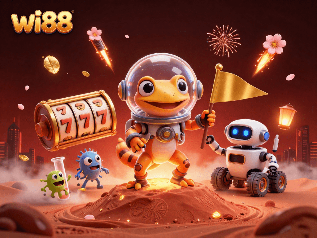 Engage with wi88's thrilling Martian casino adventure featuring vibrant 3D characters and slot winnings.