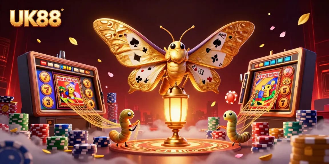 Engage in thrilling gameplay with UK88's vibrant slot machines showcasing a rich casino scene.