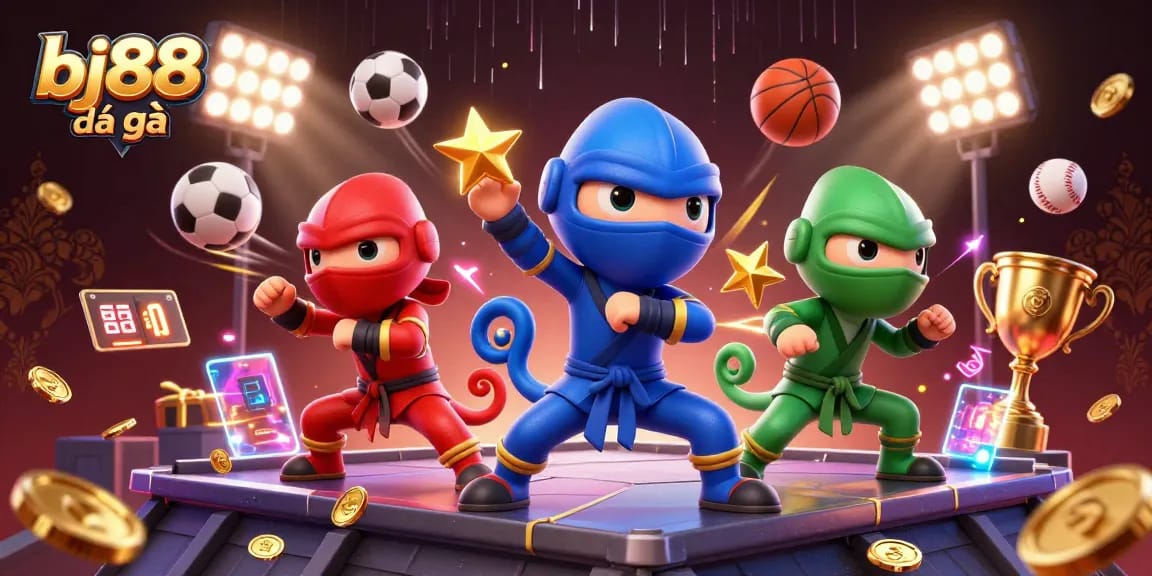 Bettors enjoy bj88 đá gà with an exciting digital illustration of ninja chameleons and dynamic sports elements.