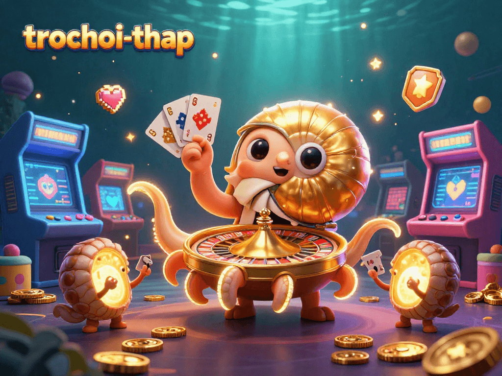 Engage with trochoi-thap featuring giant nautilus and fossil companions in a vibrant casino scene.