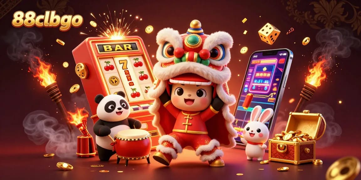 Engage in thrilling casino adventures at 88clbgo with a vibrant scene featuring festive characters and gaming elements.