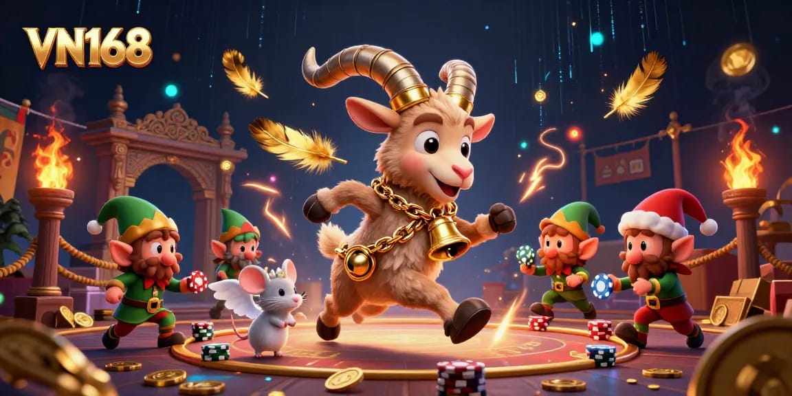 Win big with VN168 while 3D characters engage in dynamic casino action amidst vibrant game elements.