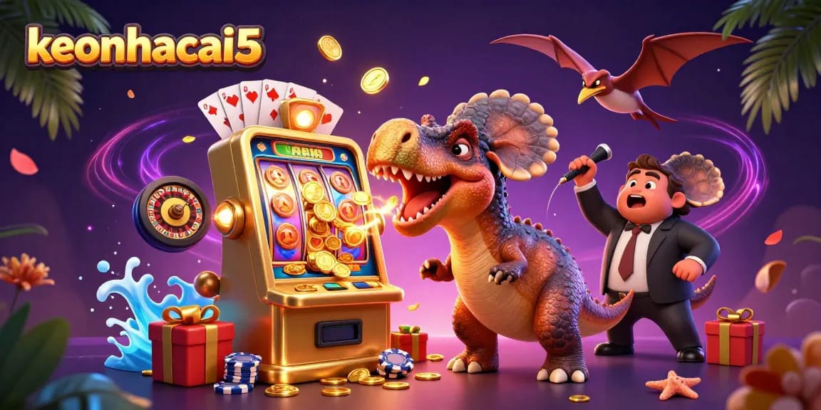 Experience the excitement of keonhacai5 with a pachycephalosaurus jackpot scene and vibrant casino elements.