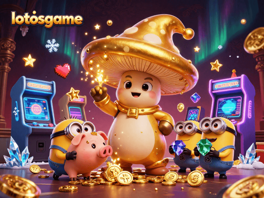 Experience thrilling gameplay with lotosgame in a vibrant casino-themed illustration full of enchanting characters and dazzling treasures.
