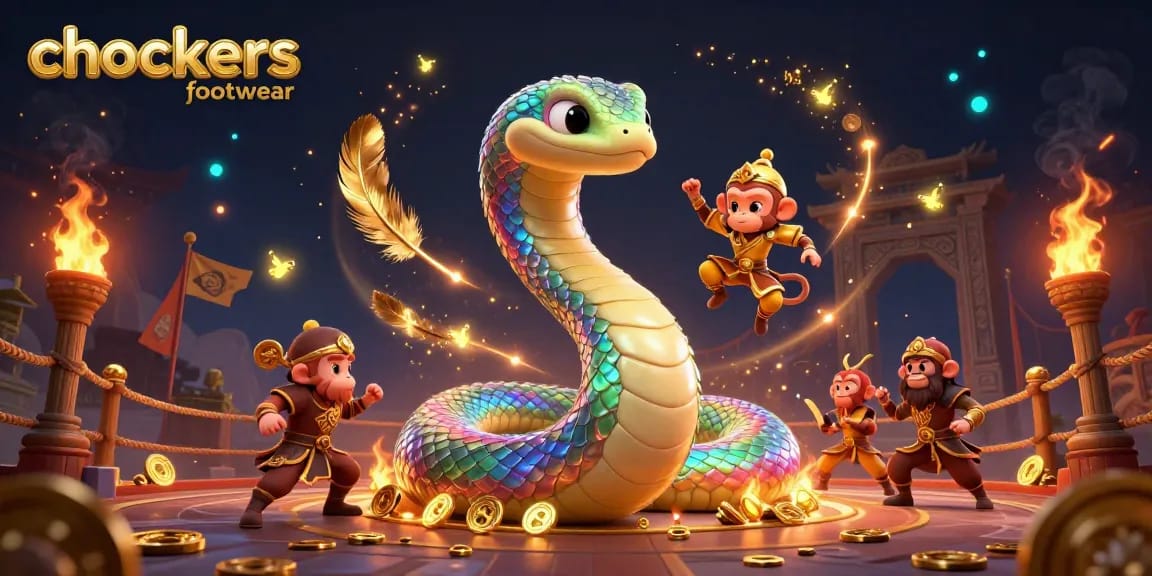 Experience thrilling action with chockers footwear as the playful monkey king swings amidst a vibrant casino scene.