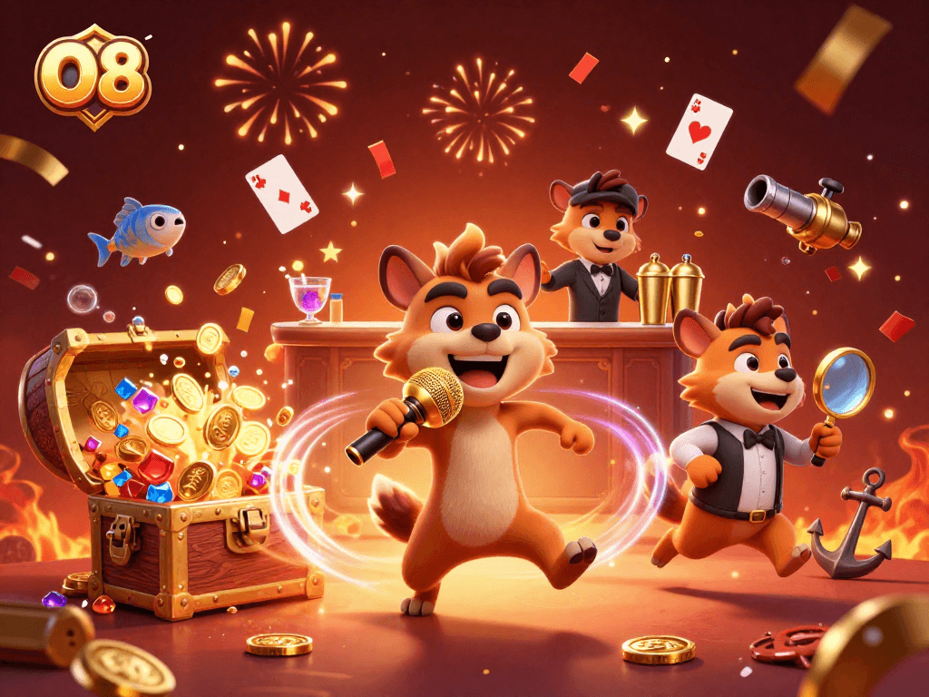 Engage in thrilling casino experiences at O8, featuring unique hyena characters in a vibrant 3D setting.