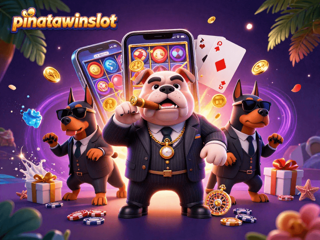 Engage with the excitement of pinatawinsslot as a mafia bulldog presides over a colorful casino scene.