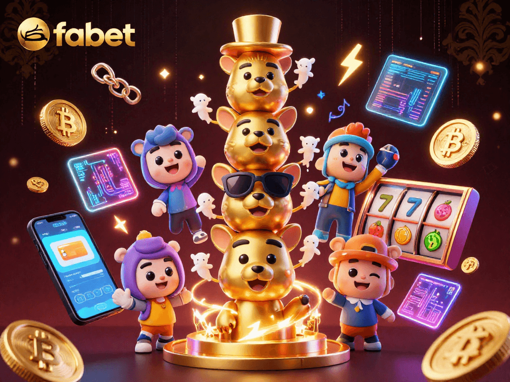 Engage with fabet's vibrant casino atmosphere featuring animated totem and crypto elements.