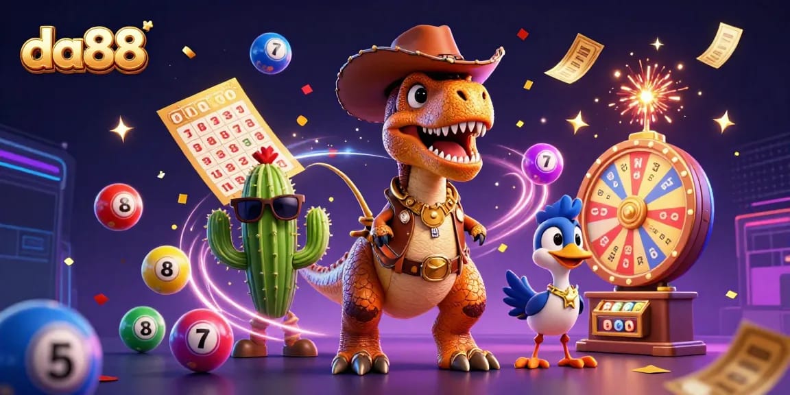 Experience thrilling gameplay with the da88 platform, featuring a dynamic 3D scene of a cowboy dinosaur and casino elements.