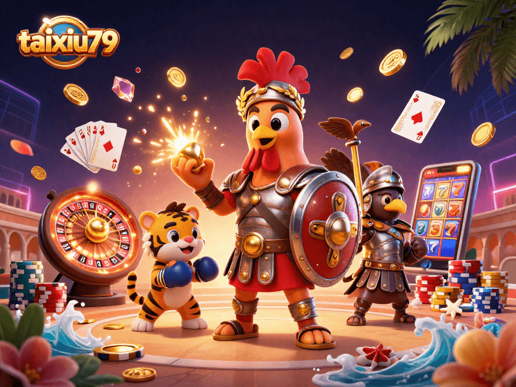 Experience the thrill of taixiu79 with a dynamic scene featuring a gladiator rooster and gaming elements.