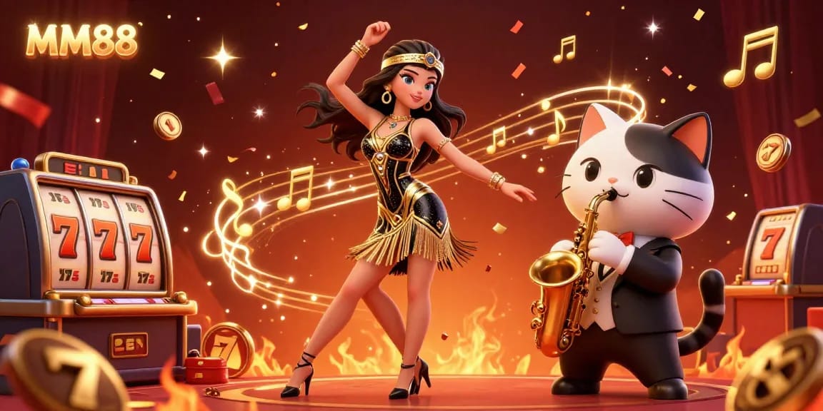Engage with MM88 in a vibrant casino scene showcasing a dazzling woman and a saxophone-playing cat amid slot reels and confetti.